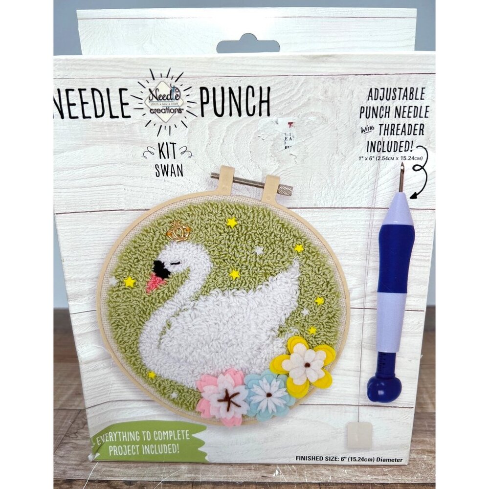 Needle Punch Kit Swan With Adjustable Needle Embroidery Hoop Pre-Printed Design
